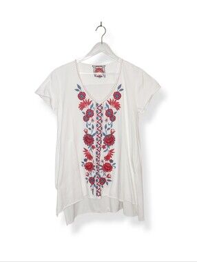 Johnny Was Floral Embroidered White Cotton Short Sleeve Tee T-Shirt Size Small